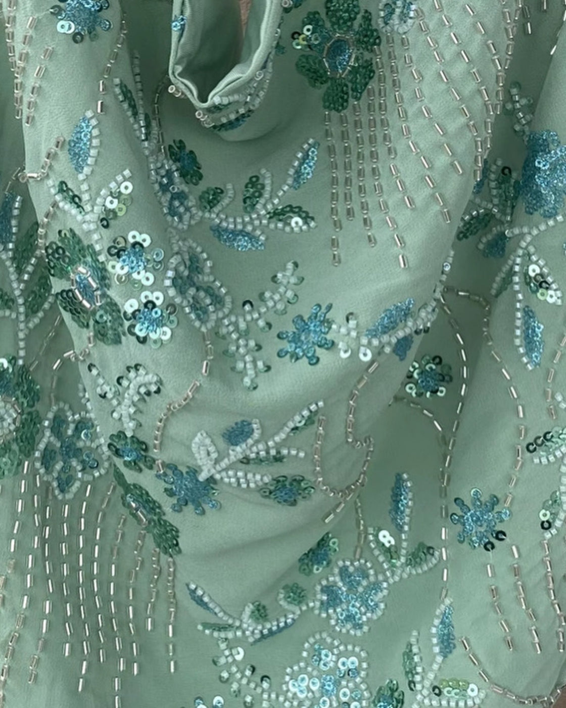 COSMIC DANCE EMBROIDERED COWL MINT HALTERNECK TOP