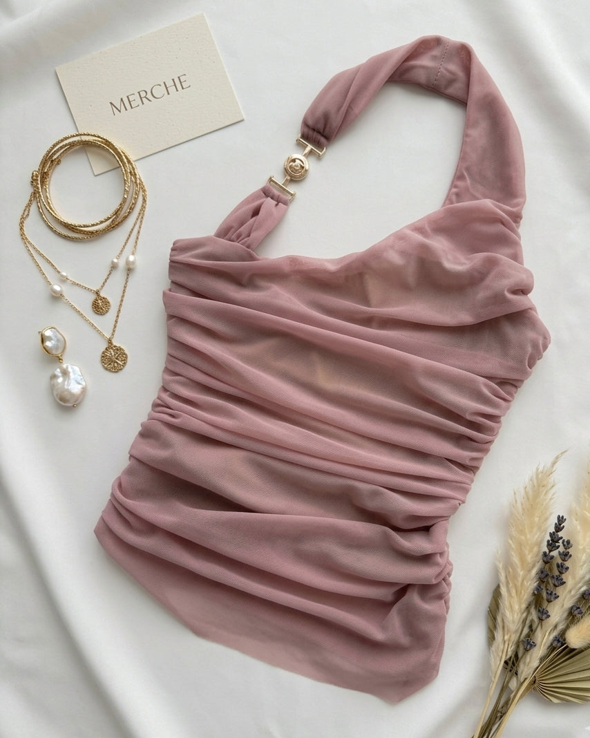 IBIZA SUMMER METAL DETAIL MESH DUSTY ROSE HALTERNECK TOP