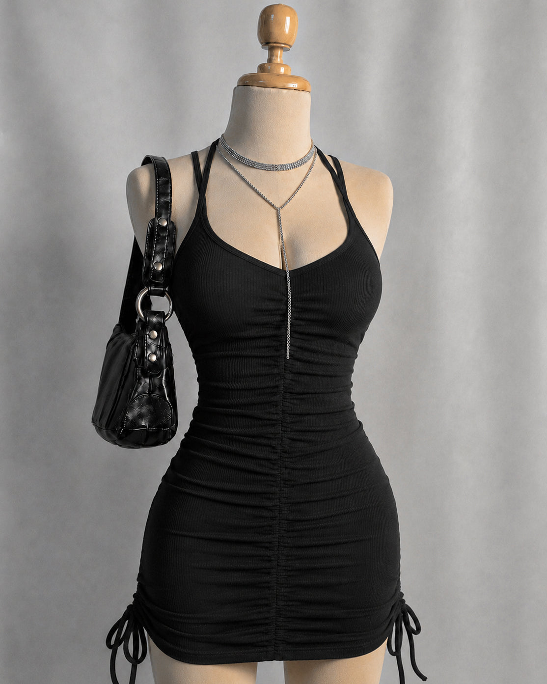 LOOKS COULD KILL RIBBED BLACK DRAWSTRING DRESS