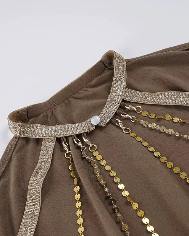 ICONS ONLY EMBELLISHED OPEN-BACK EMBROIDERED BROWN DRESS”