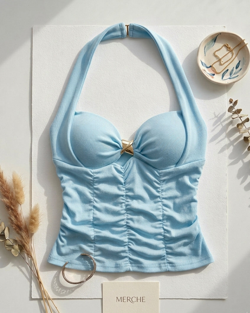 BROWNIE POINTS PADDED METAL DETAIL RUCHED BLUE HALTERNECK TOP