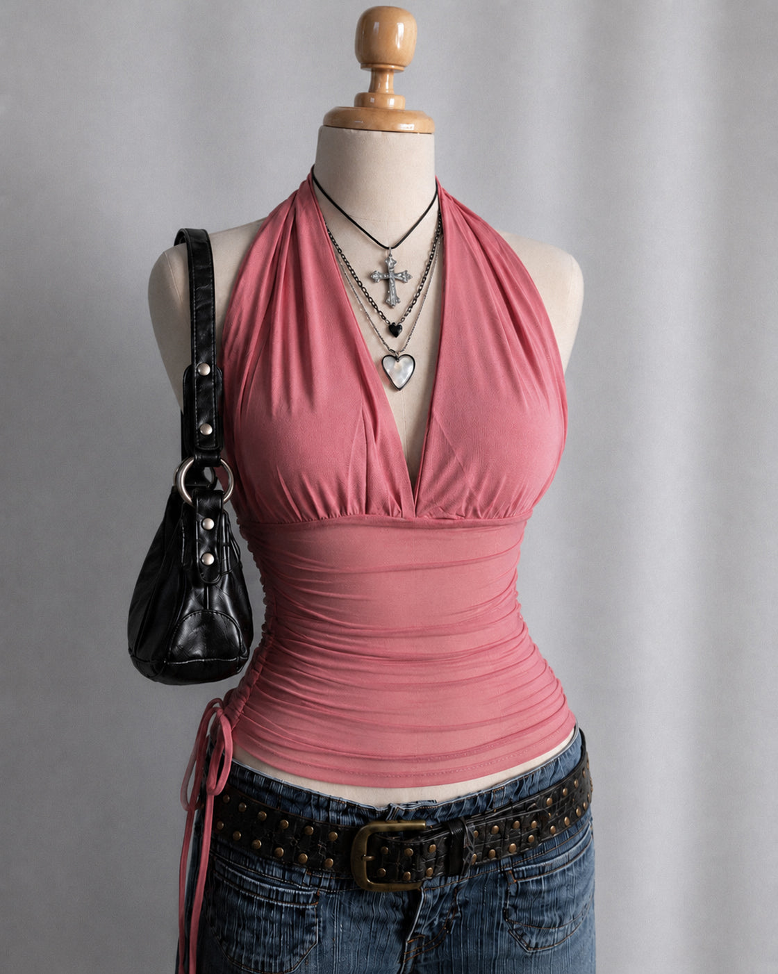 SAVAGE PLOT DUSTY ROSE MESH DETAIL HALTERNECK TOP