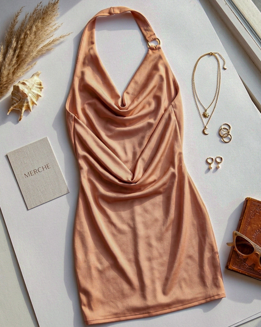 SICILY NIGHTS SATIN DRAPED SATIN HALTERNECK DRESS
