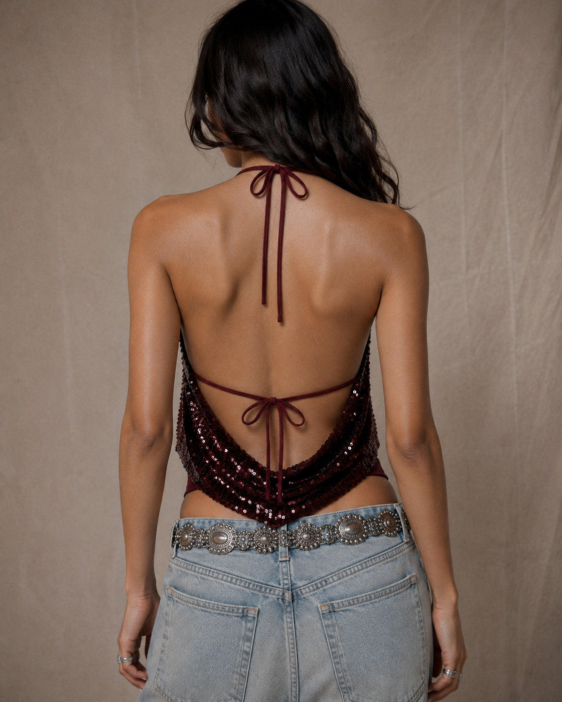 SLAY O CLOCK LUXE SEQUIN EMBELLISHED HALTERNECK TOP