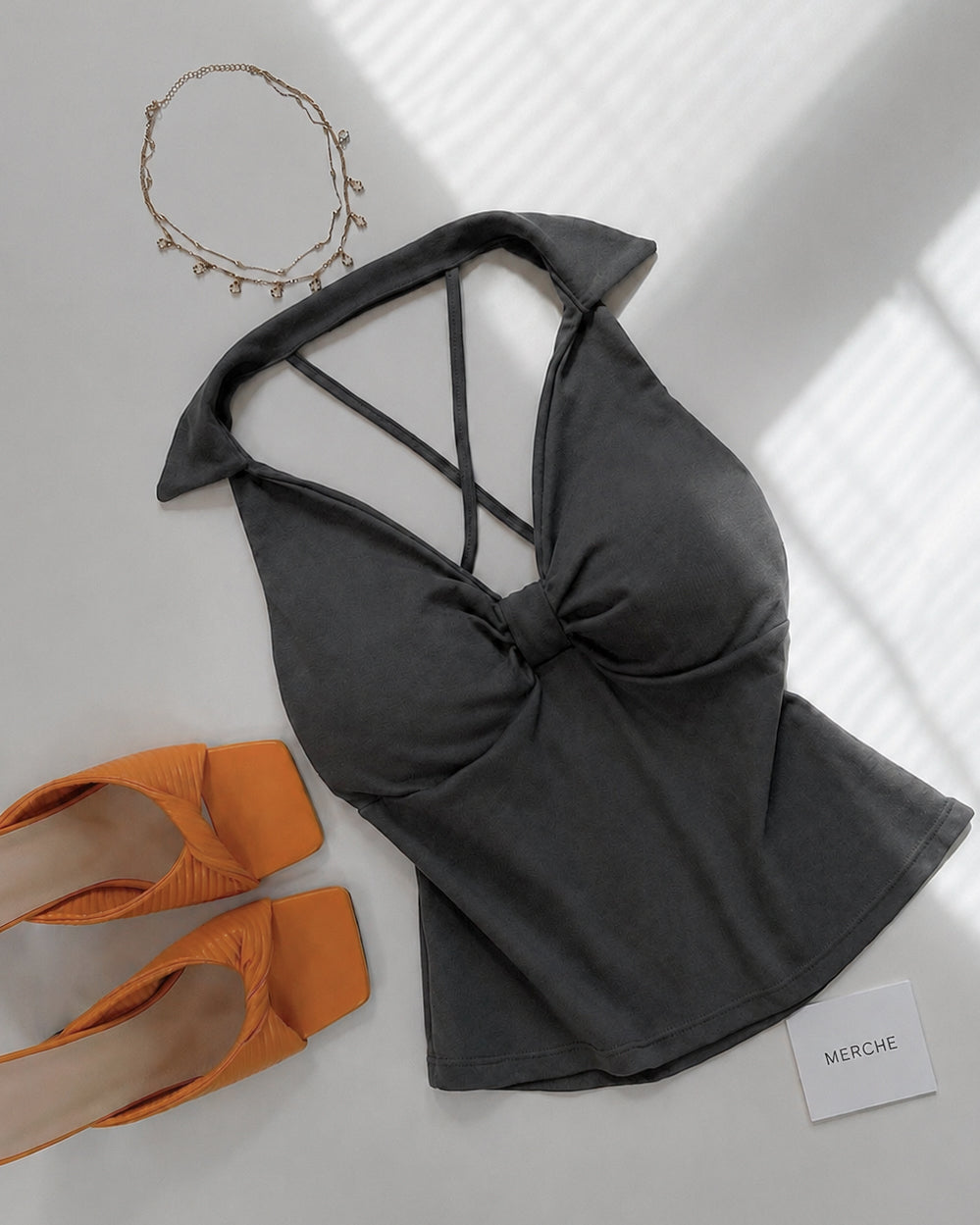 NOT YOUR MATCHA PADDED CROSSBACK COLLARED GREY TOP