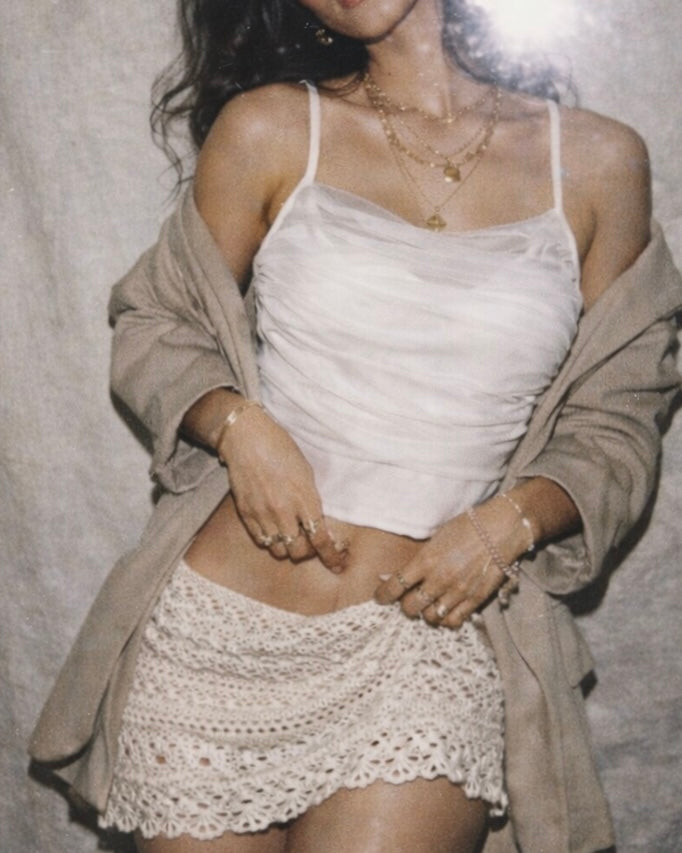 WINGS OF MINE MESH DRAPE WHITE CAMI TOP