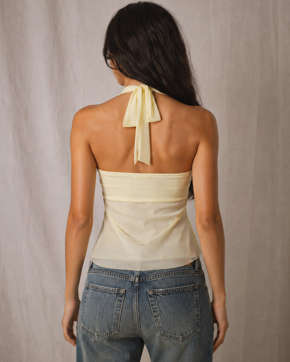 FIRST DATE DIAMOND BROOCH MESH DETAIL BUTTER YELLOW HANDKERCHIEF TOP