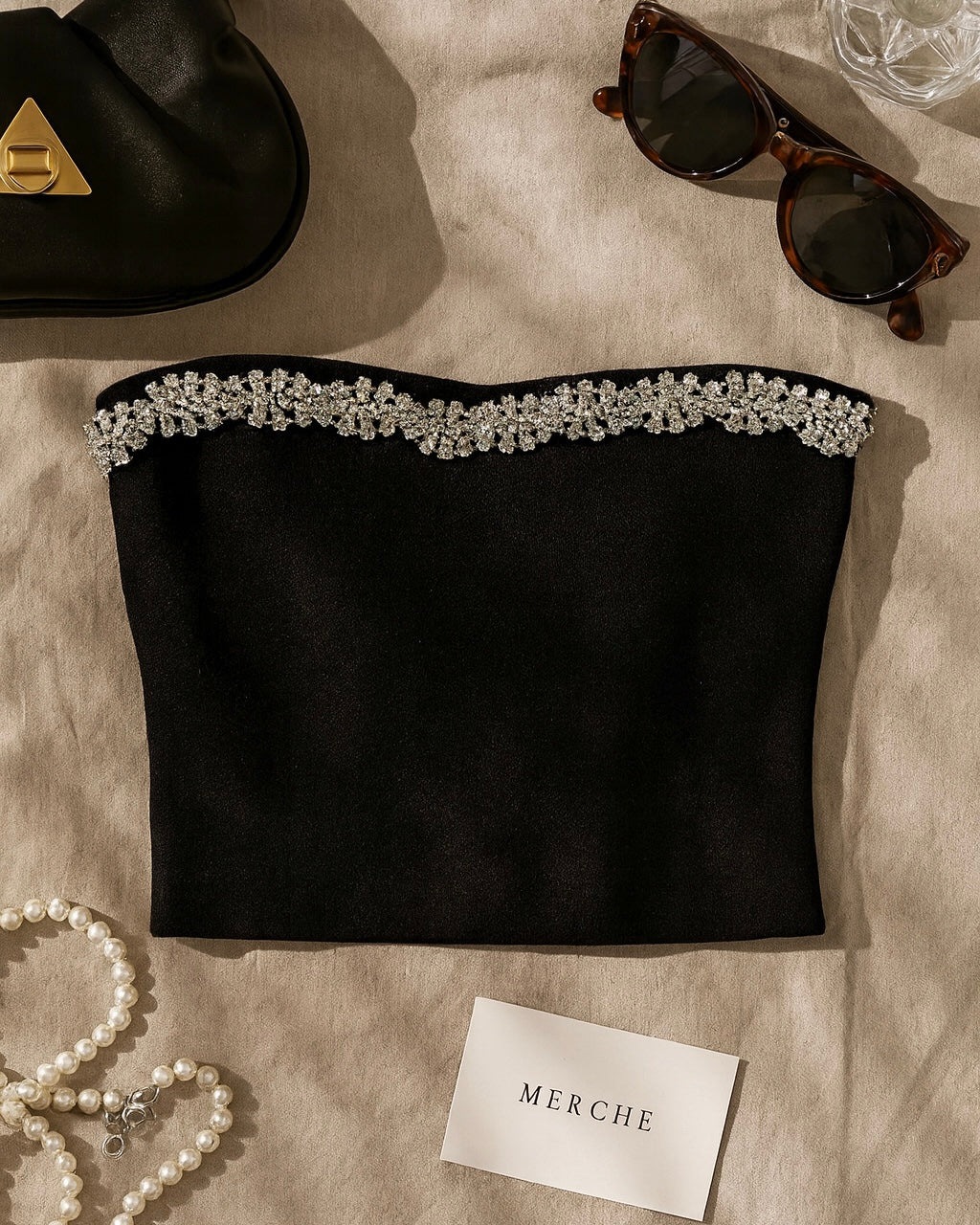 CITY GRIND EMBELLISHED BLACK BANDEAU TOP