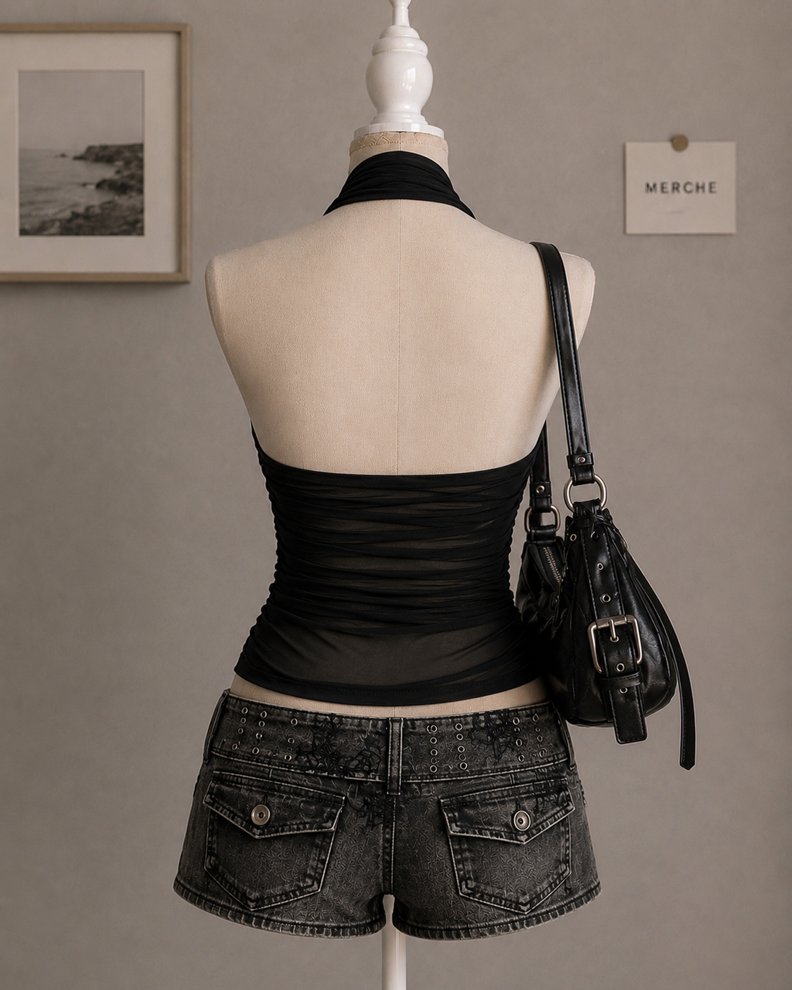 TOAST TO ME MESH DETAIL BLACK HALTERNECK TOP