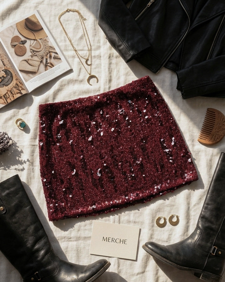 LOVE AND ANXIETY BURGUNDY SEQUIN EMBELLISHED MINI SKIRT