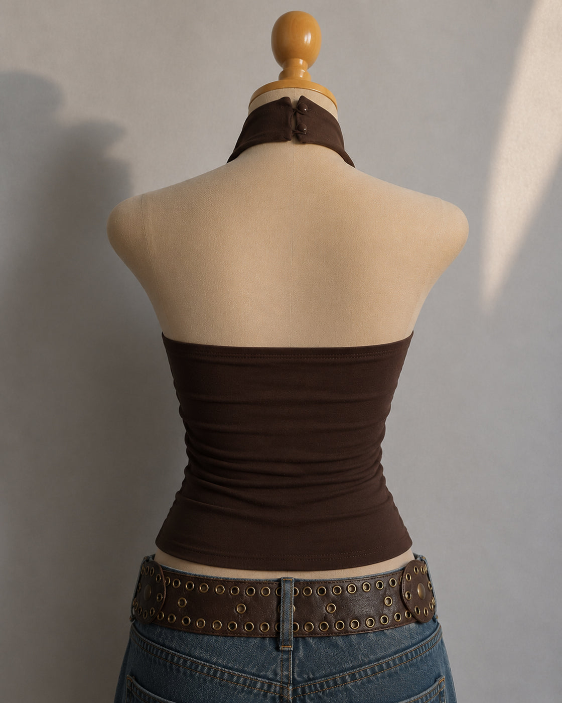 BROWNIE POINTS PADDED METAL DETAIL RUCHED HALTERNECK TOP