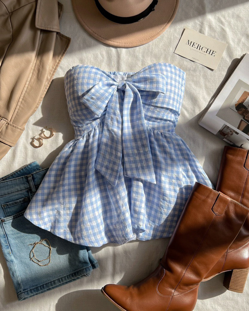 CHECKMATE BABE PADDED BOW BLUE GINGHAM TOP