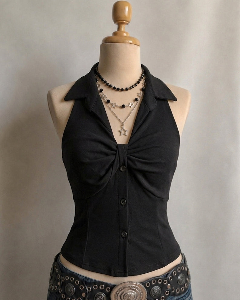 NEXT VOYAGE TWISTED FRONT COLLARED HALTER TOP