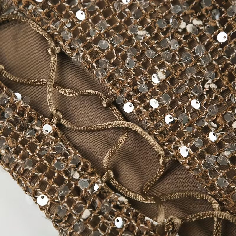 VALLEY GIRL SIDE LACE-UP BROWN SEQUIN CORSET TOP