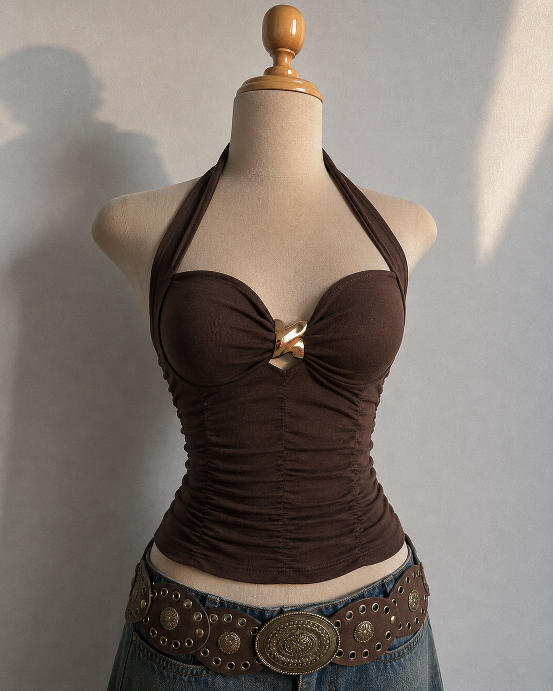 BROWNIE POINTS PADDED METAL DETAIL RUCHED HALTERNECK TOP