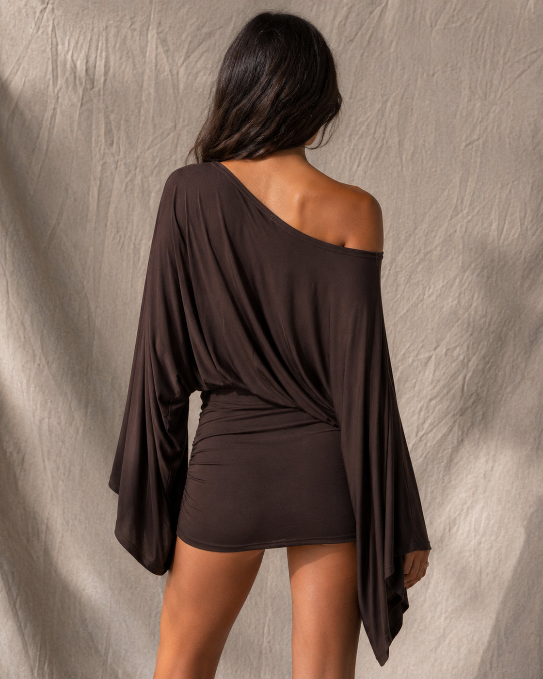 SCENE STEALER BROWN OFF-SHOULDER DRESS