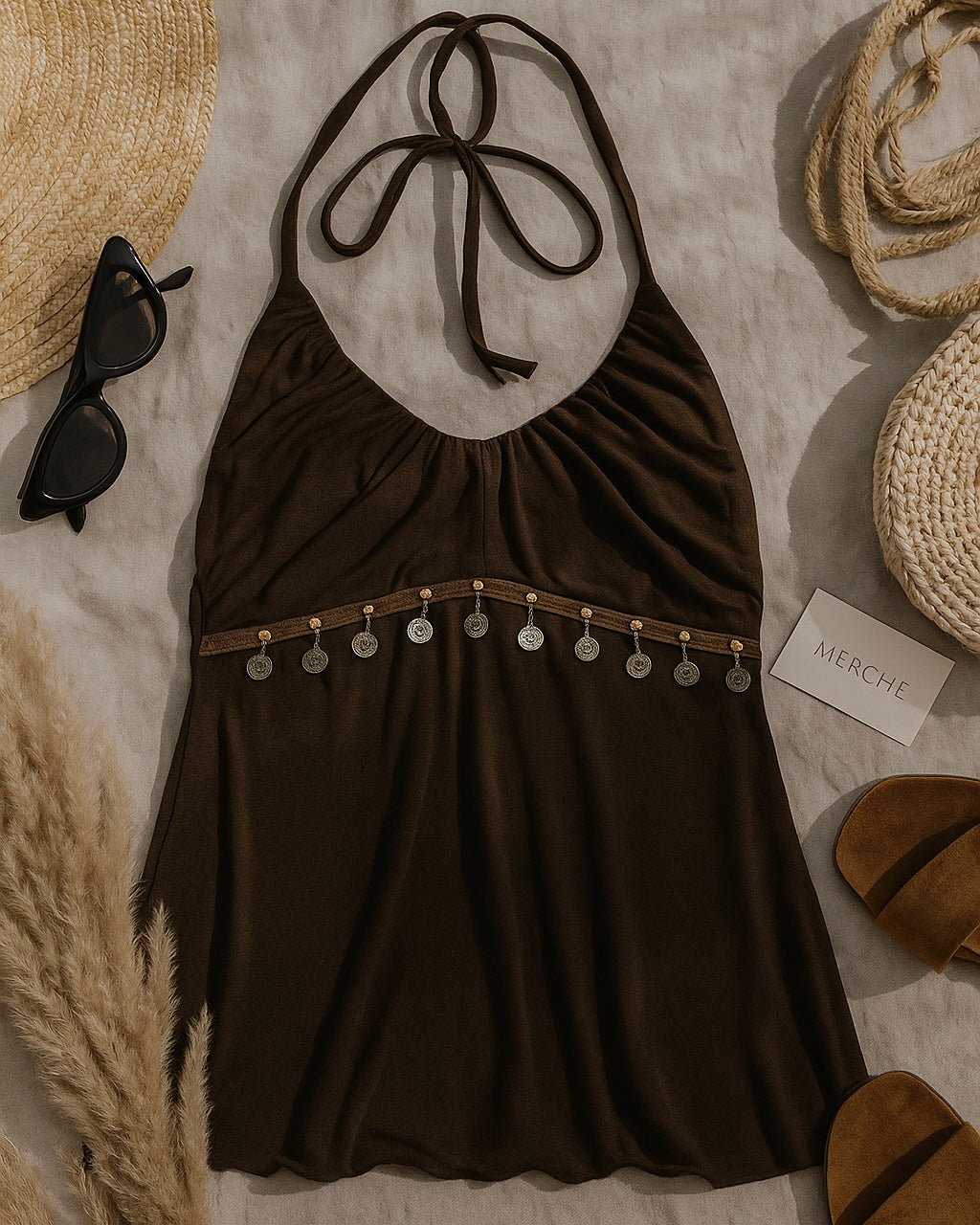 CHASING ETERNITY COIN DETAIL BROWN HALTERNECK TOP