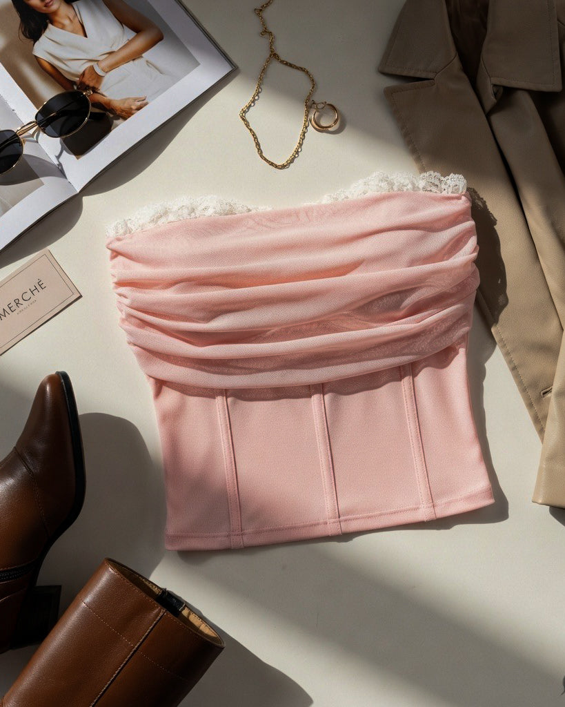 LIKE A STAR PADDED MESH DETAIL PINK BANDEAU TOP