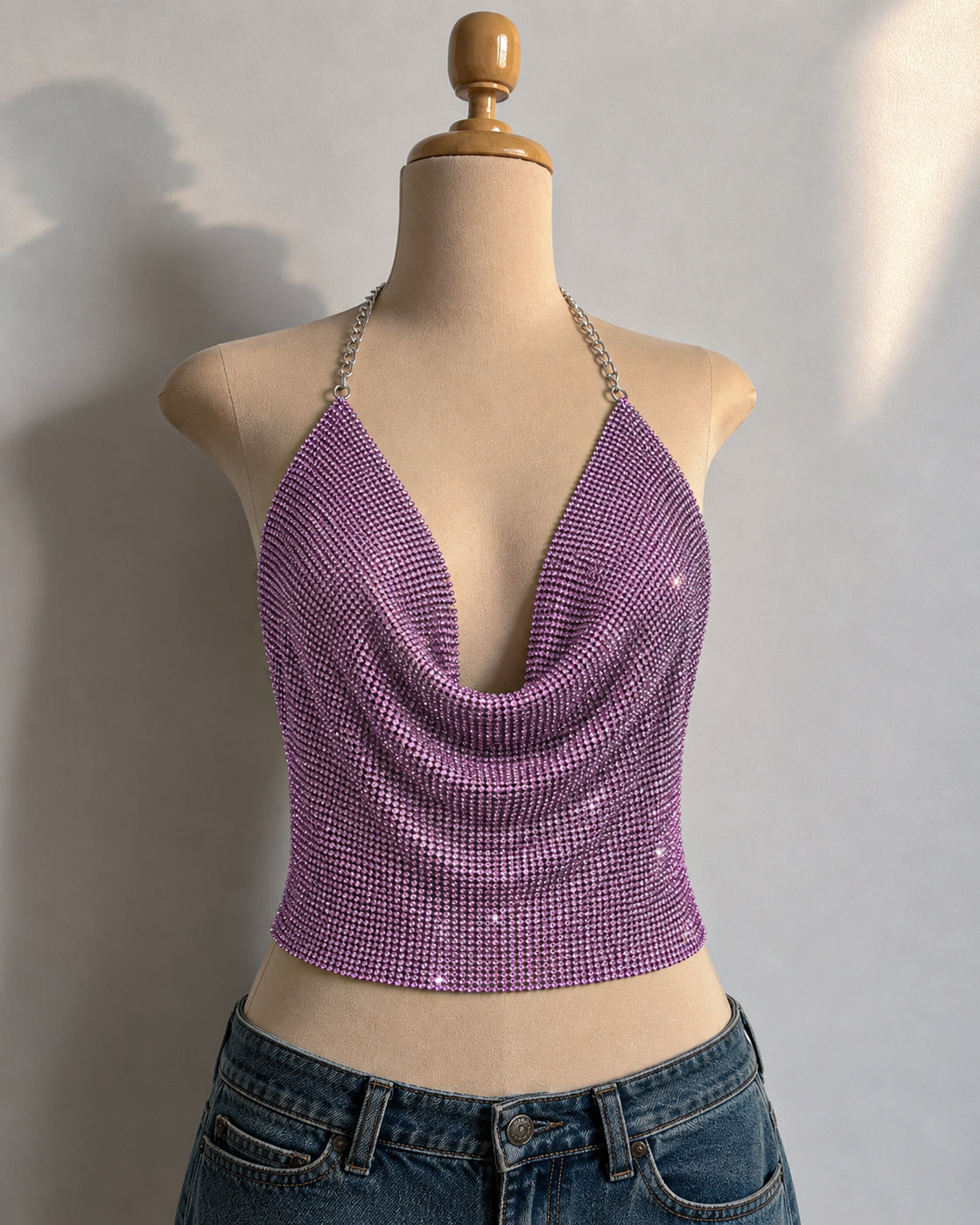 BEAT DROP METAL PURPLE RHINESTONE  HALTERNECK CHAIN TOP