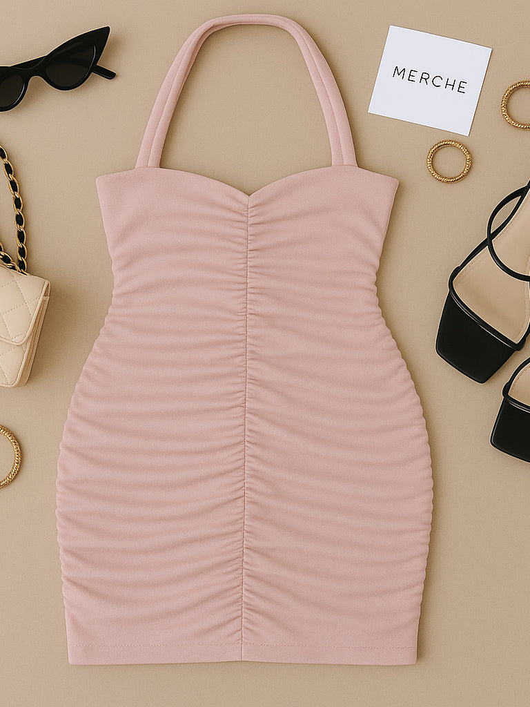 FIRE GIRL RUCHED PINK HALTERNECK DRESS