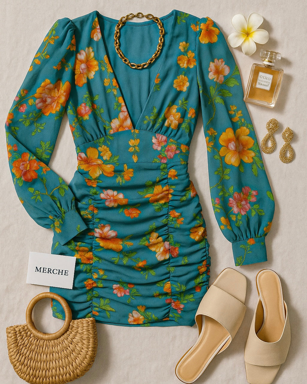 VACAY DAME FLORAL RUCHED LUXE DRESS