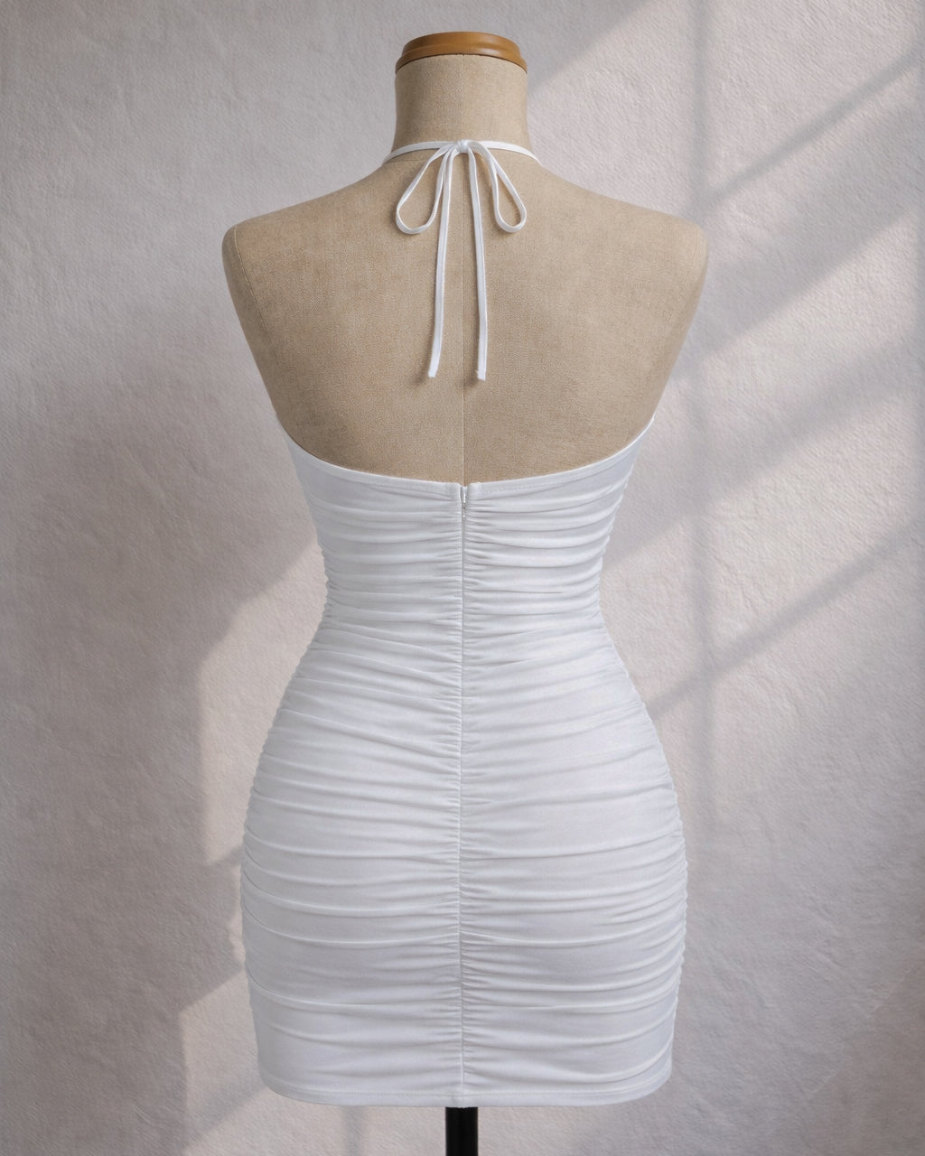 DRINKS ON ME WHITE RUCHED HALTERNECK DRESS