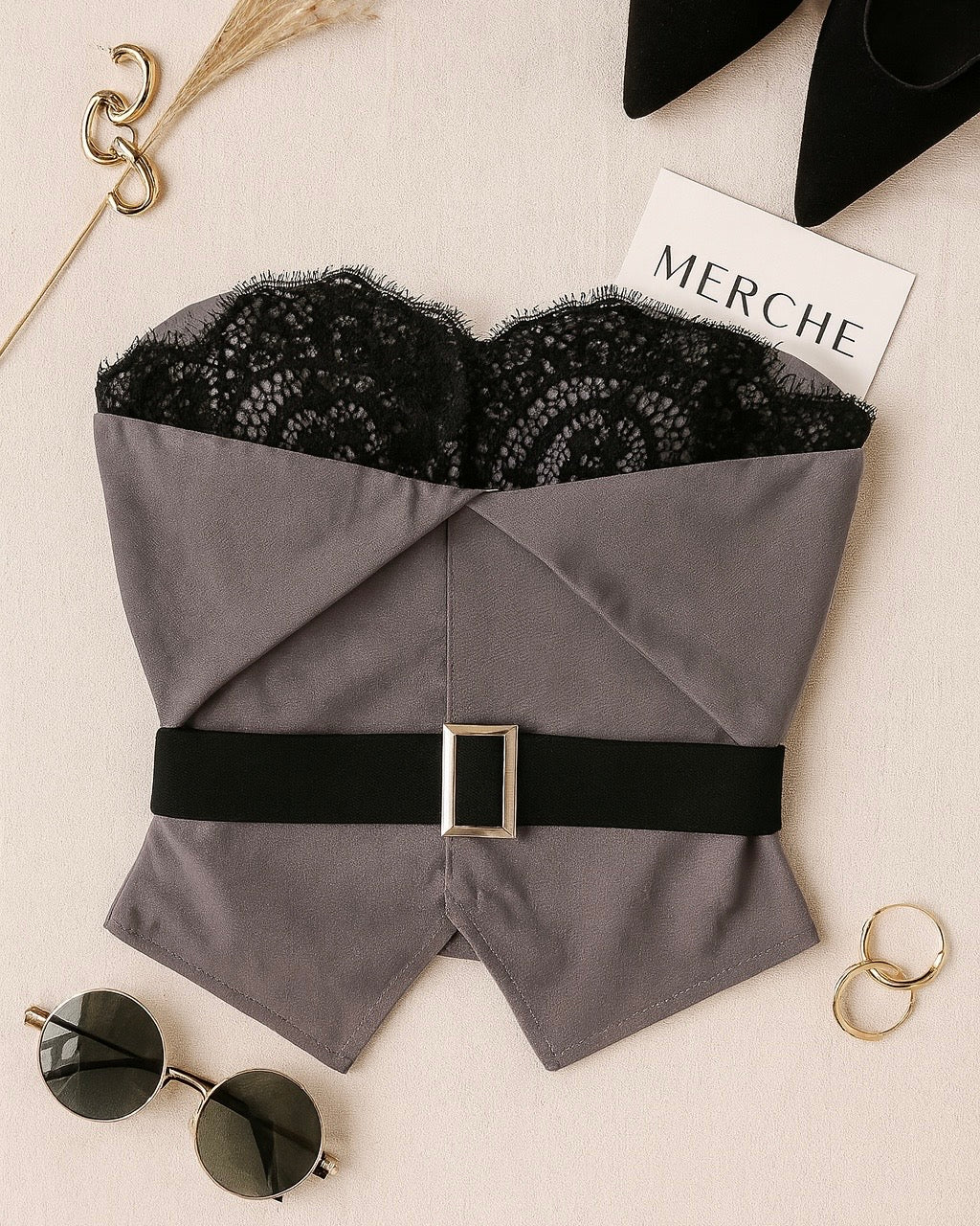 ICONIC THEY SAY BELTED GREY BANDEAU TOP