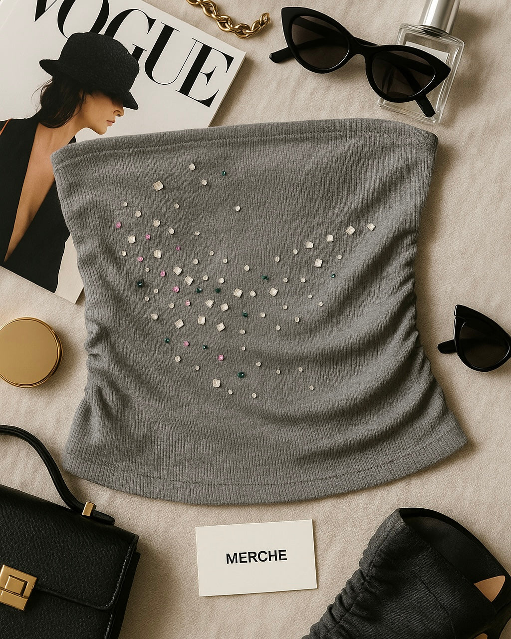 SINGLE AND FABULOUS RHINESTONE LACEY-BACK GREY BANDEAU TOP