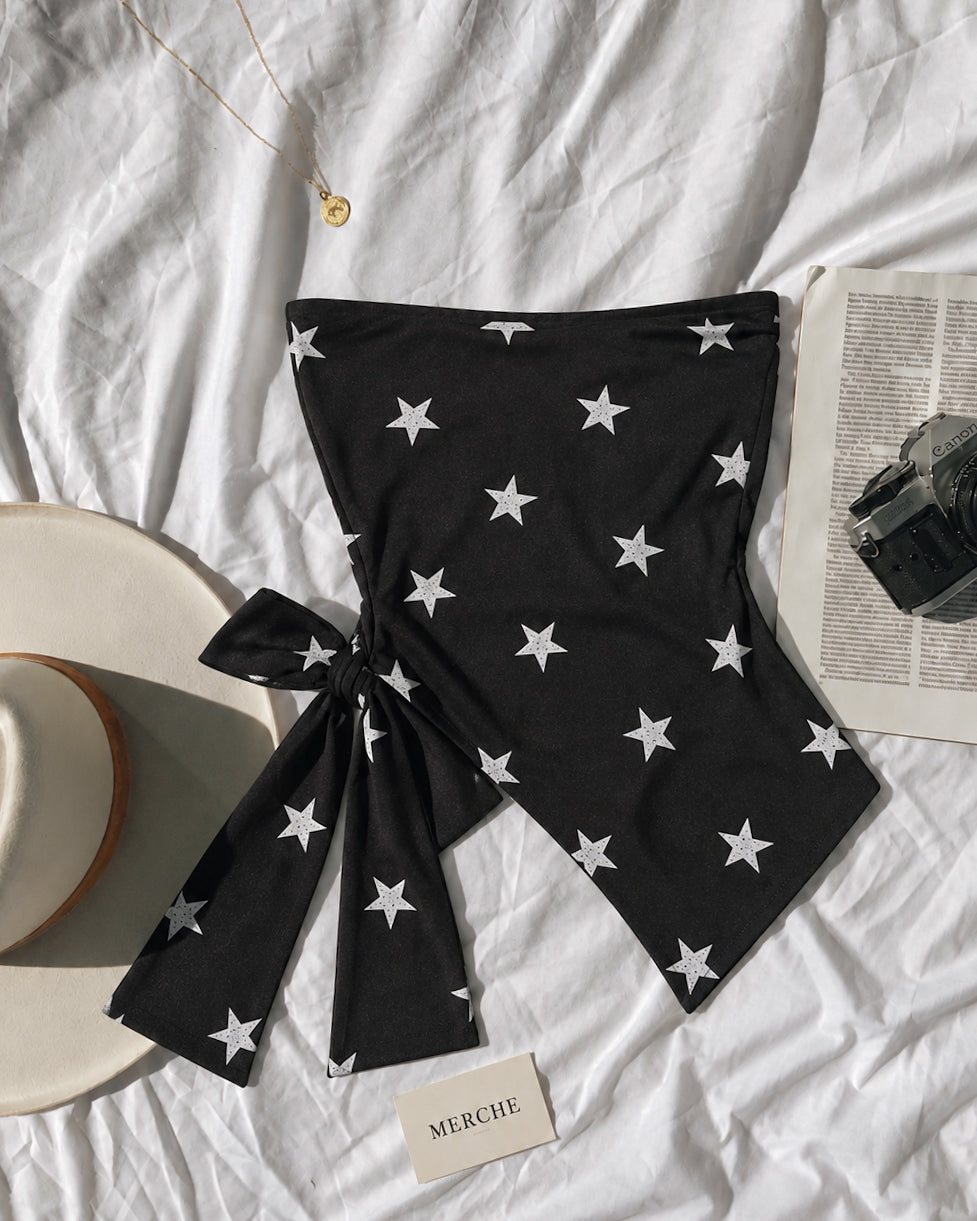 WRITTEN IN THE STARS PADDED TWISTED TIE-UP BLACK BANDEAU TOP
