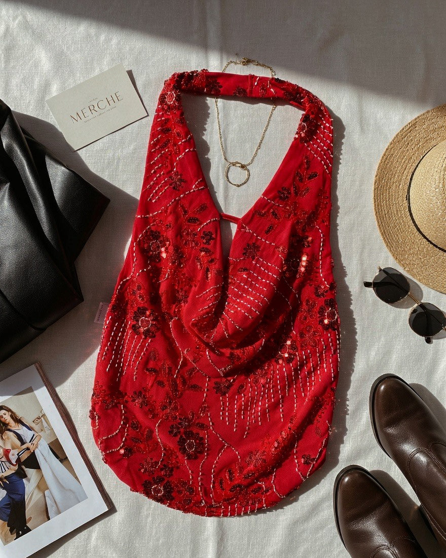 COSMIC DANCE EMBROIDERED COWL RED HALTERNECK TOP
