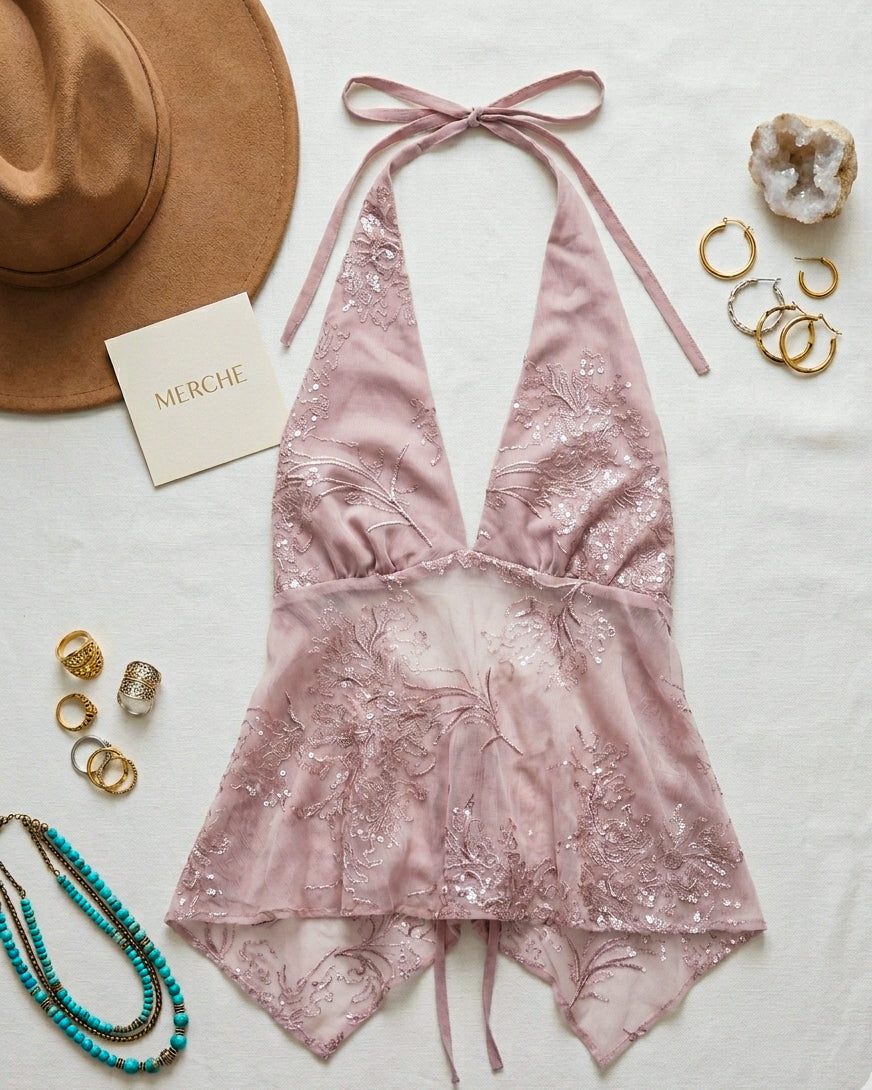 CROWN HER ALREADY EMBROIDERED HANDKERCHIEF HALTERNECK TOP