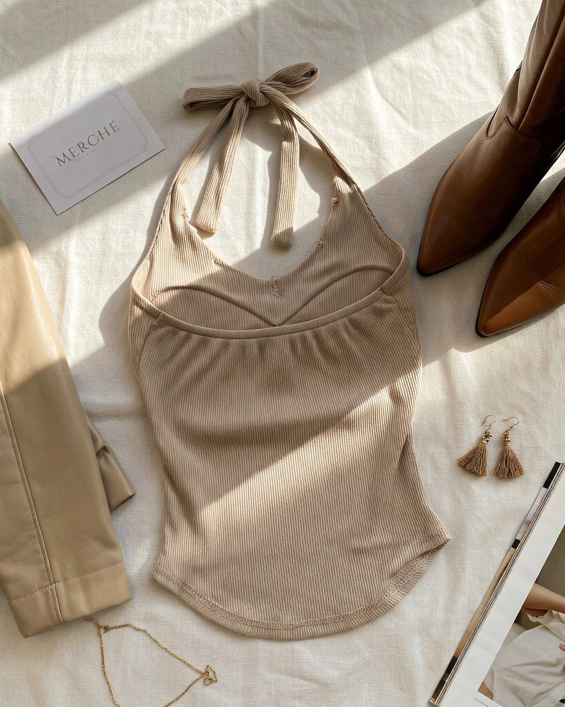 BISTRO LOVER DIAMOND EMBELLISHED PADDED TAUPE HALTERNECK TOP