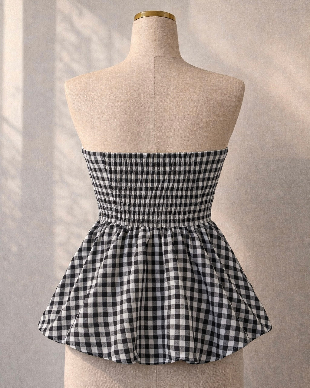CHECKMATE BABE PADDED BOW BLACK GINGHAM TOP