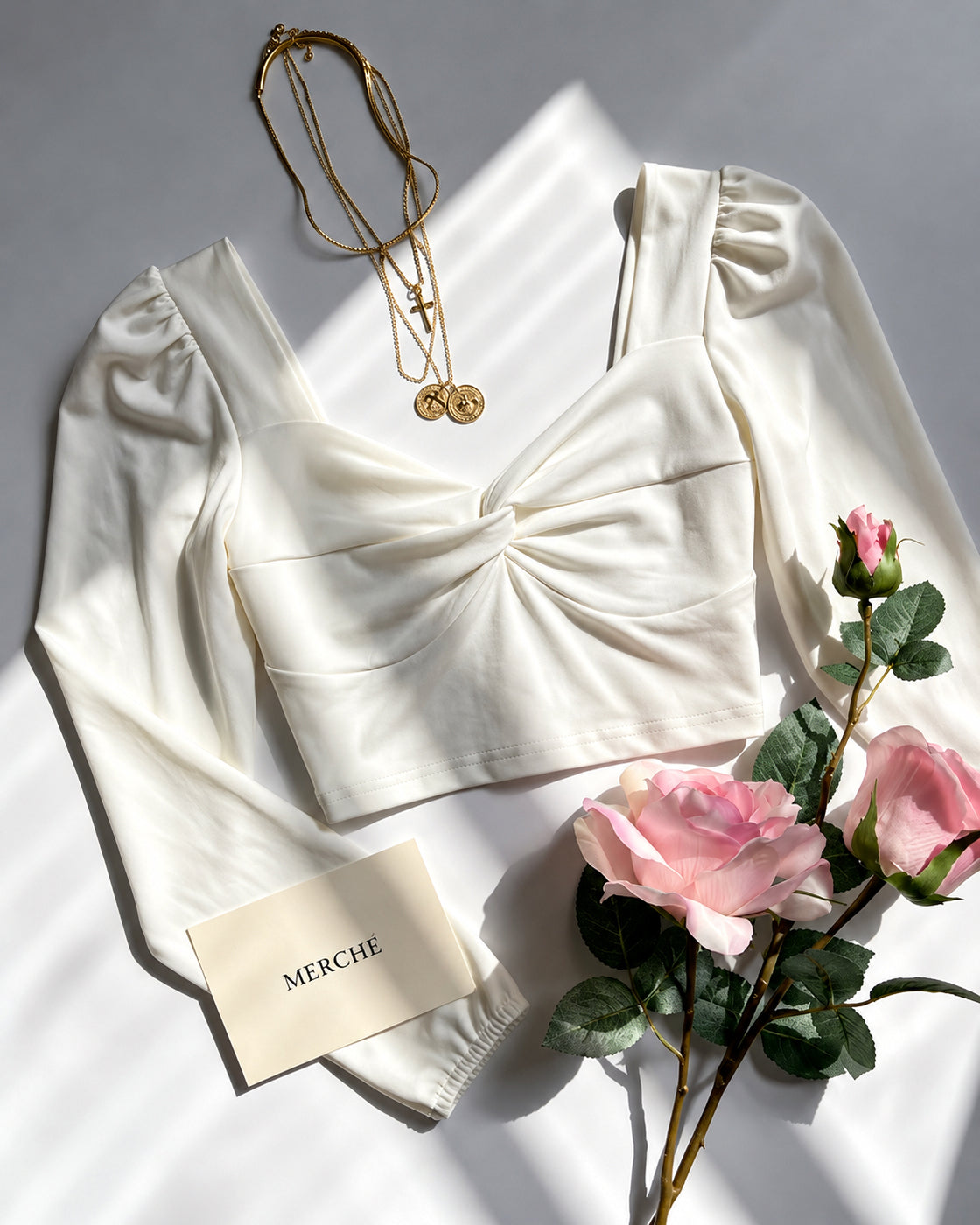 DND FOREVER TWISTED FRONT DRAMATIC SLEEVE WHITE TOP