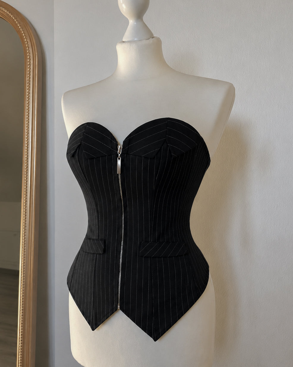 GATEKEEP THIS PINSTRIPE LUXE BLACK CORSET