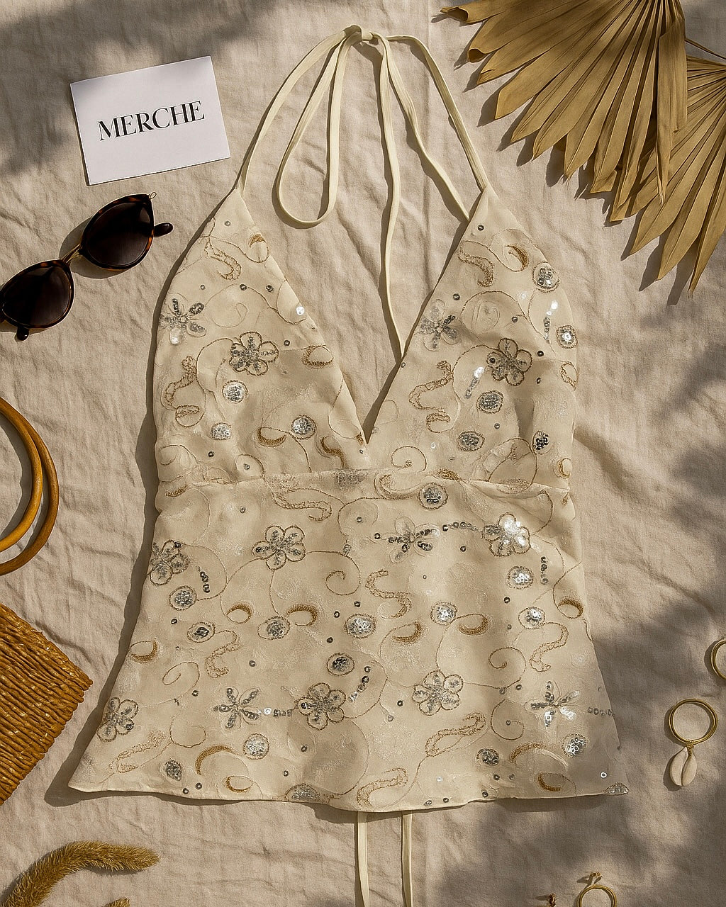 LOVE ISLAND EMBROIDERED SEQUIN HALTERNECK TOP