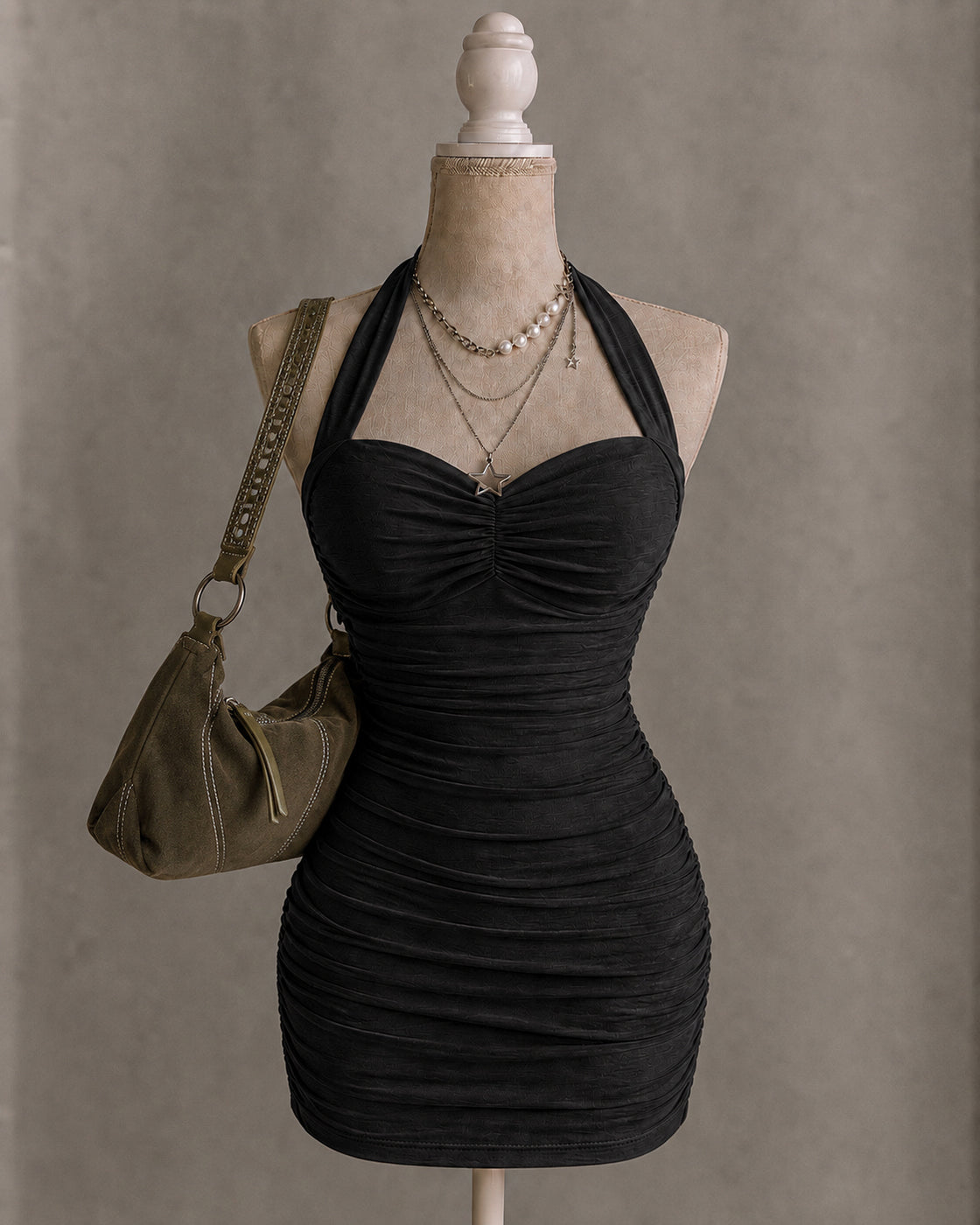 GIRLS WHO GET IT BLACK RUCHED HALTERNECK DRESS