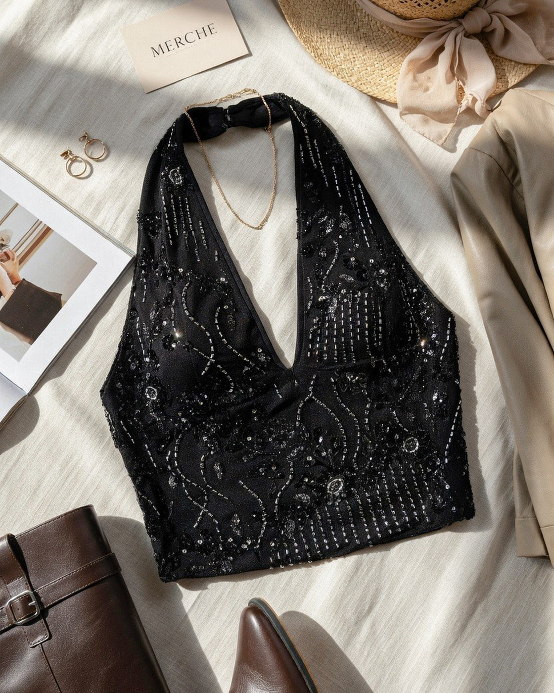 FUEL MY SASS EMBROIDERED BLACK HALTERNECK TOP