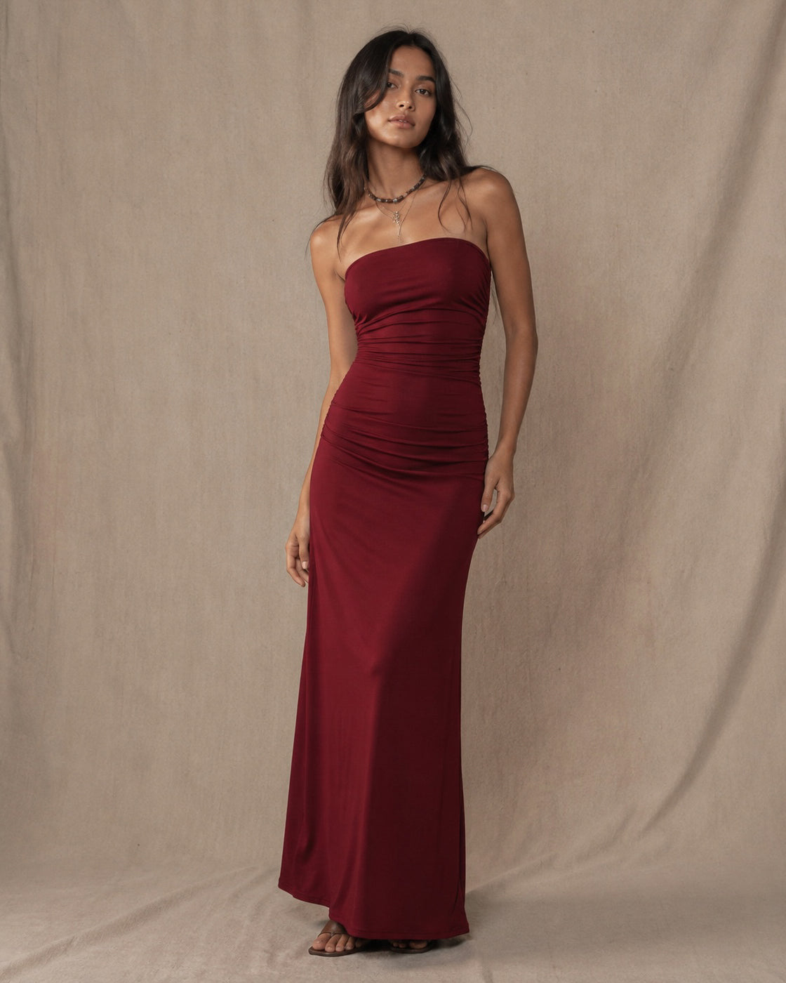 BLOOD MOON LUXE RED STRAPLESS MAXI DRESS