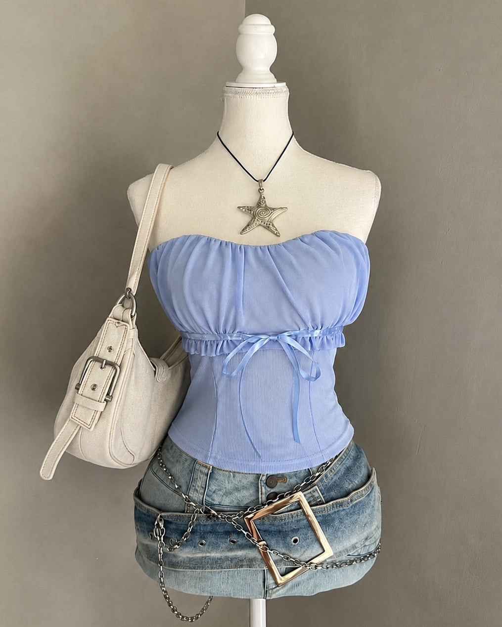 NOT YOUR BABY BLUE PADDED LUXE MESH AND RIBBED BANDEAU TOP