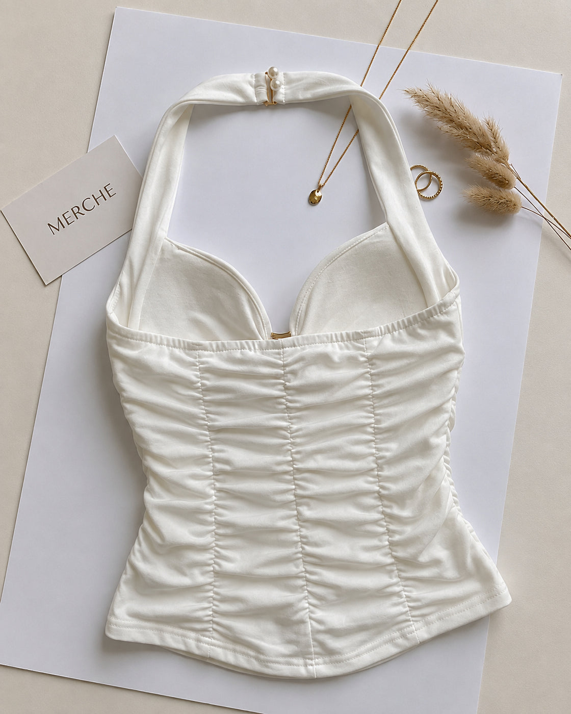 BROWNIE POINTS PADDED METAL DETAIL RUCHED WHITE HALTERNECK TOP