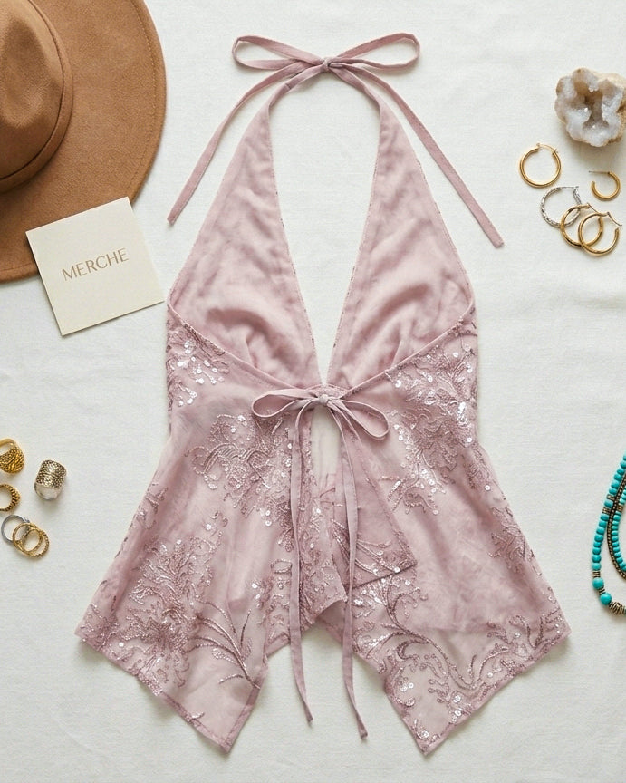 CROWN HER ALREADY EMBROIDERED HANDKERCHIEF HALTERNECK TOP