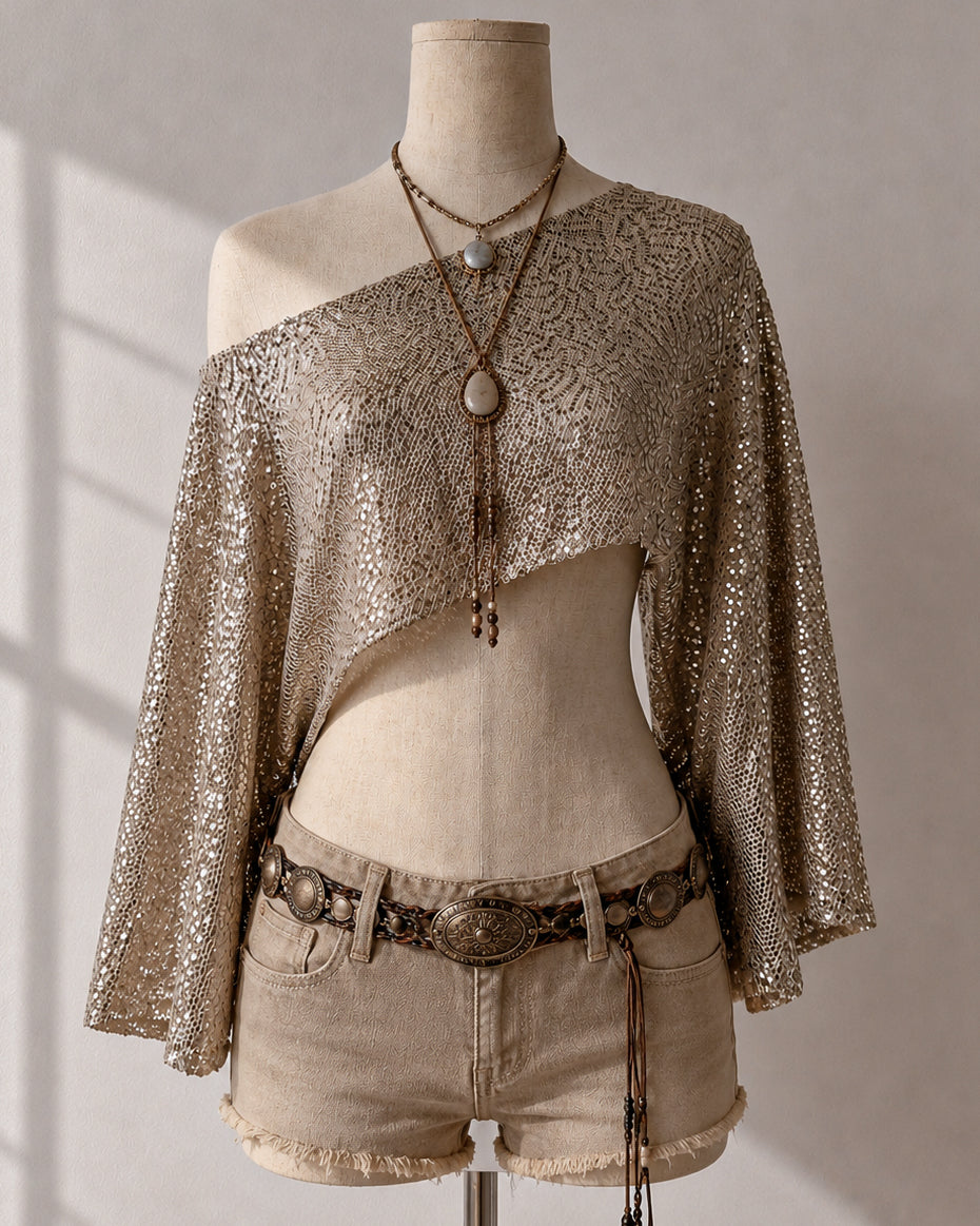 LOCAL DIVA OFF-SHOULDER SEQUIN CHAMPAGNE GOLD TOP
