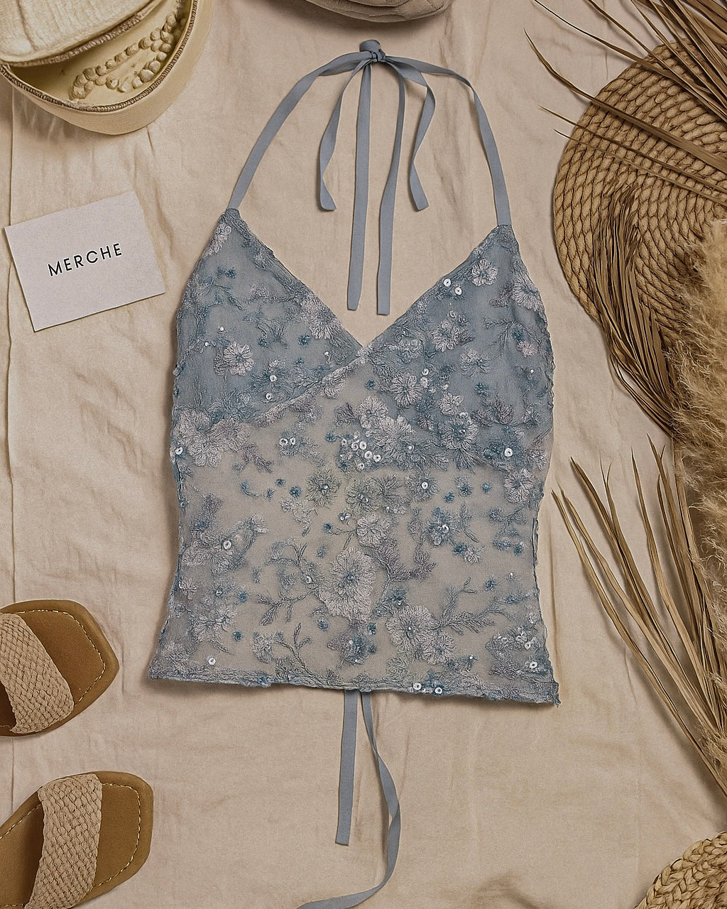 HIGH SCHOOL DRAMA BLUE EMBROIDERED HALTERNECK TOP