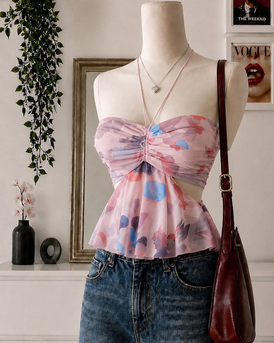 SUN KISSED BEAUT FLORAL CUT-OUT TOP