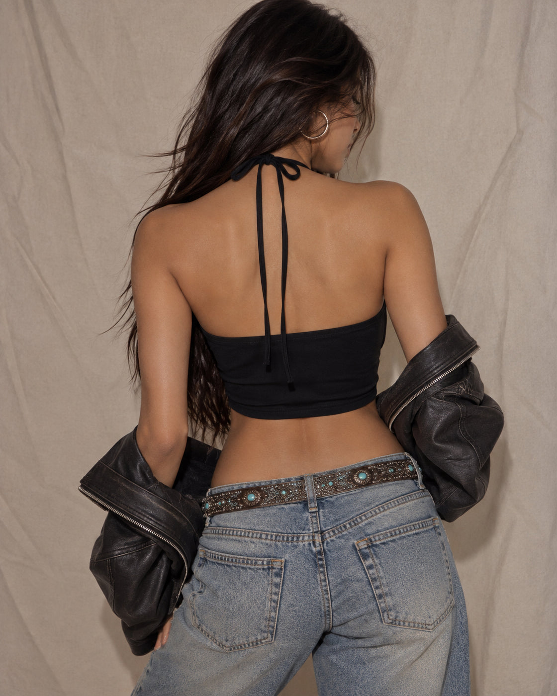 HALO AFTER DARK BOW APPLIQUE ASYMMETRICAL HALTERNECK TOP