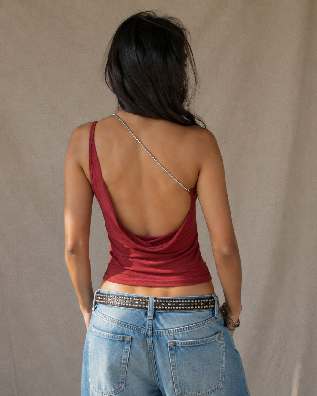 FALL FOR ME DIAMOND EMBELLISHED ACROSS STRAP BRICK RED TOP