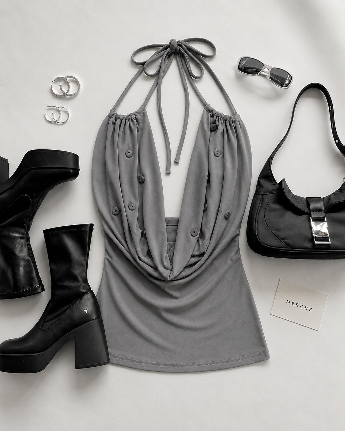 HIGH-SCHOOL DRAMA COWL BUTTON DETAILED DRAPE HALTERNECK TOP