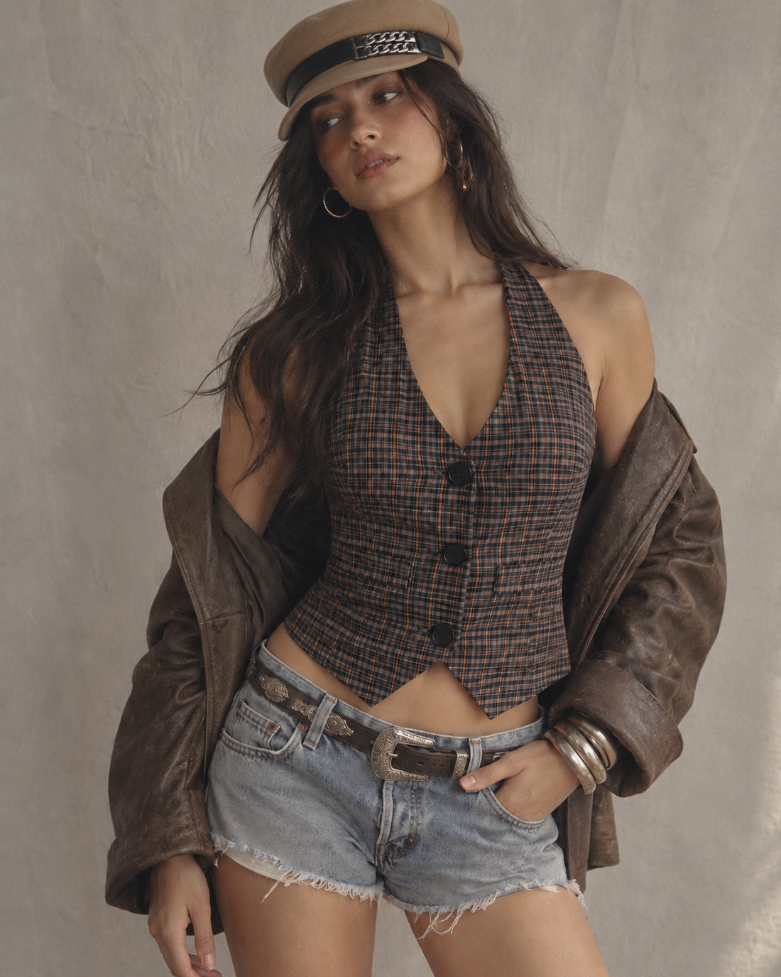 NASTY KARMA PLAID HALTERNECK VEST TOP