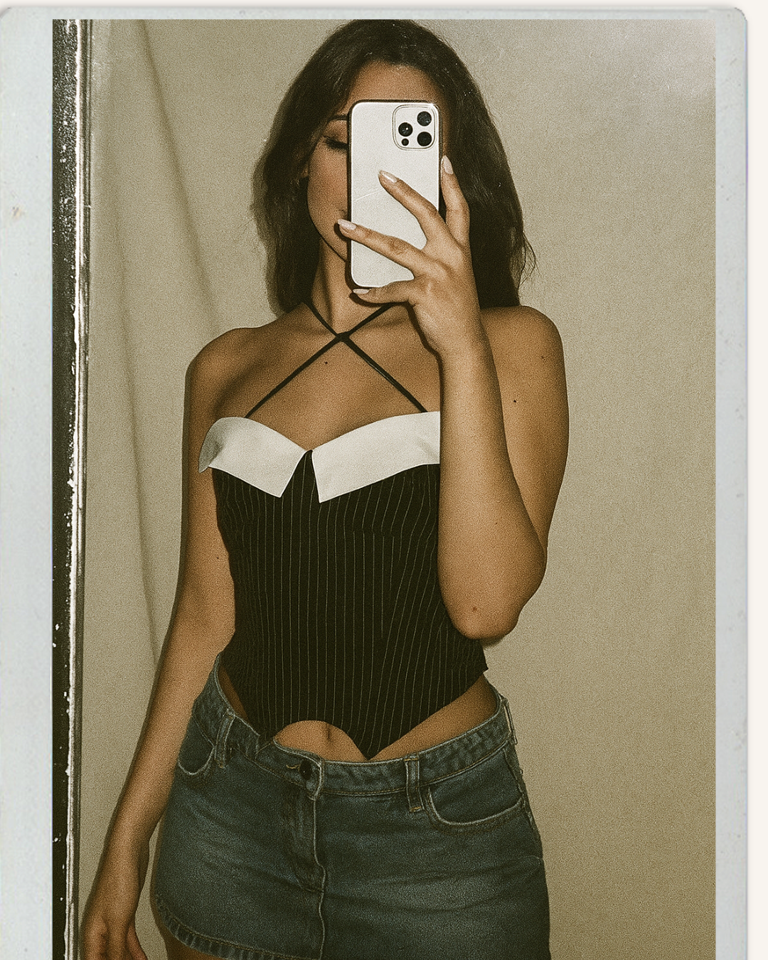COMMAND THEM PINSTRIPE LUXE CORSETED HALTERNECK TOP